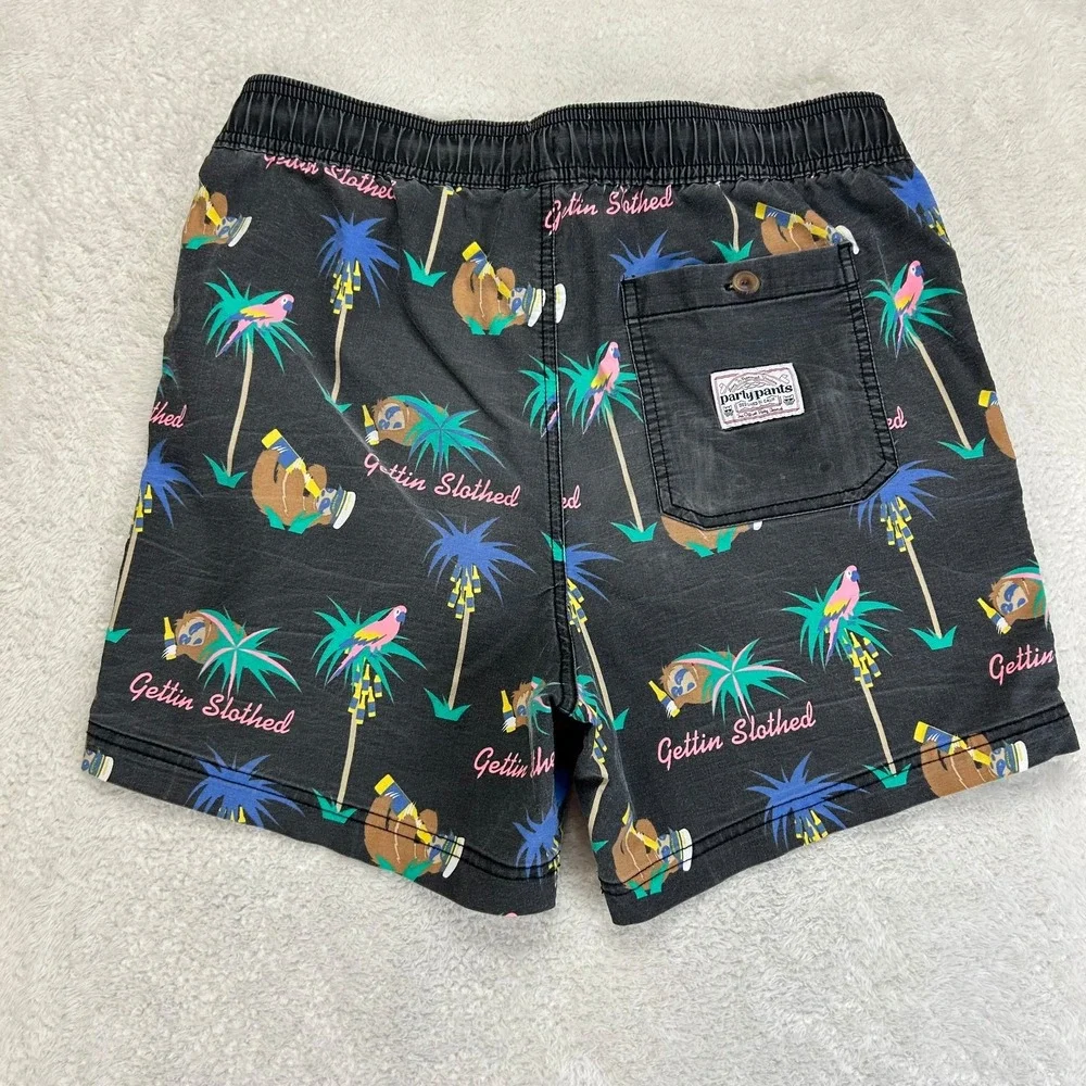 Party Pants Gettin Slothed Swim Trunks Shorts Mens M Black Palm Tree Graphic